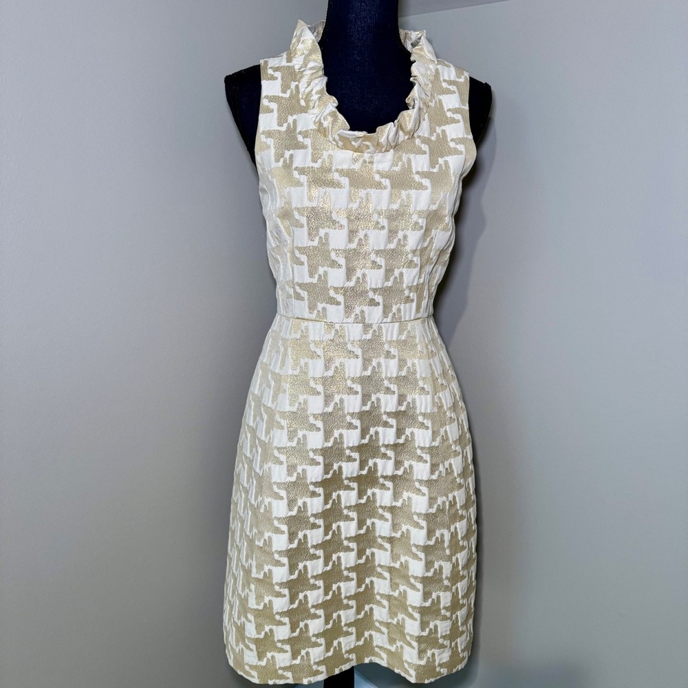Kate Spade Gold Houndstooth Brocade‎ Ruffle Neck Dress Sleeveless Wool Blend 4